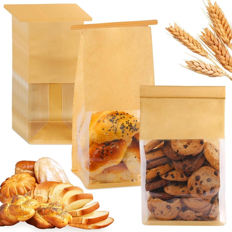 HONKID Bread and Cookie Bags with Seal, 50 Pack 11 x 5.1 x 3.9 Inches Bakery Bags with Window Reusable Tin Tie Tab Lock for Sealed Baked Goods Packaging for Pastry Bagels Breads Goodies Cookie Brown | Brown kraft paper, Transparent window, Food Grade, Stand-up design, Reusable seal, Holds cookie - Image 1
